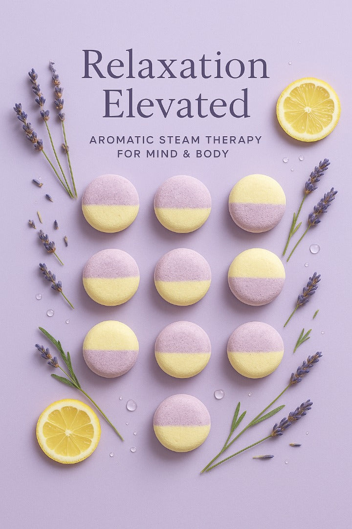 The image is a promotional poster for an aromatic steam therapy product. It features a purple background with a grid of nine round cookies, each with a yellow and purple filling, surrounded by fresh lavender and lemon slices. The text "Relaxation Elevated" is displayed above the cookies, and "Aromatic Steam Therapy for Mind & Body" is written below.