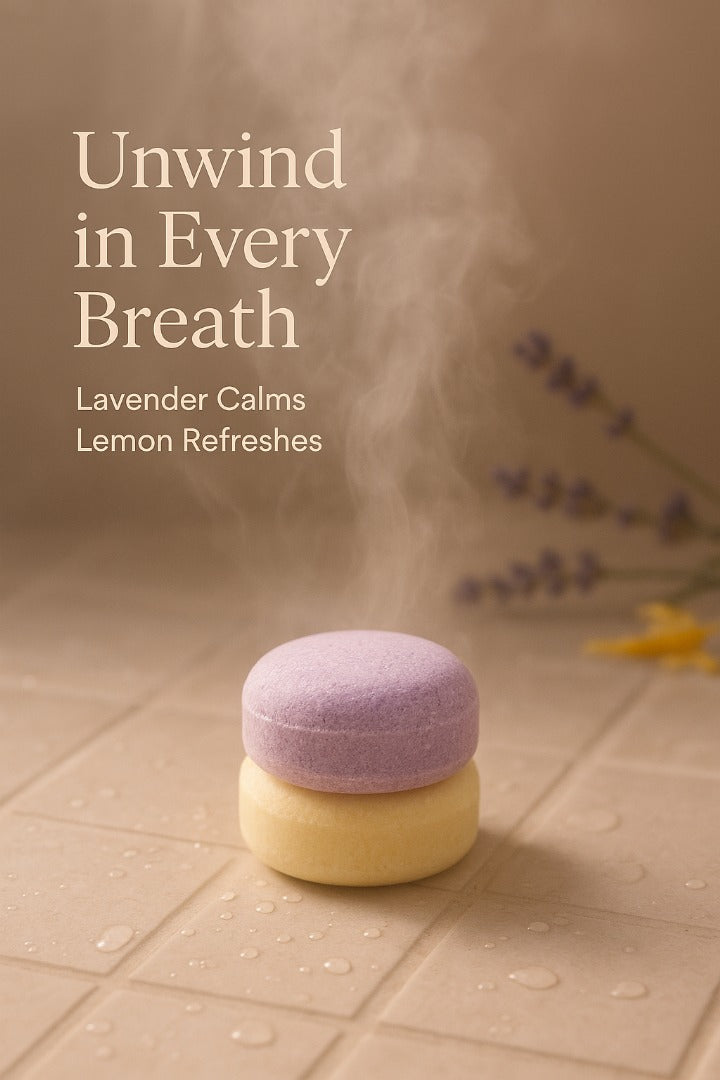 a pair of purple and yellow bath bombs sitting on a tiled surface, with steam rising from them, creating a calming and relaxing atmosphere.