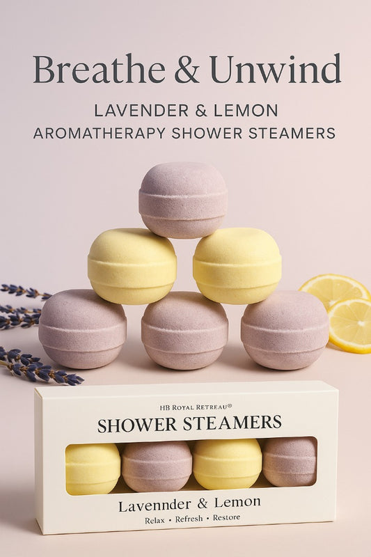 a set of lavender and lemon shower steamer bath bombs arranged in a pyramid shape, with a box of shower steamer bath bombs in the foreground.