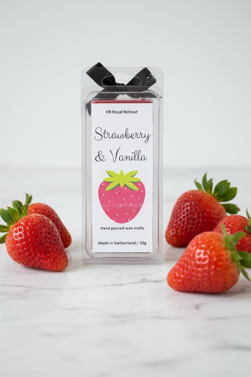 Strawberry & Vanilla Wax Melts label - HB Royal Retreat