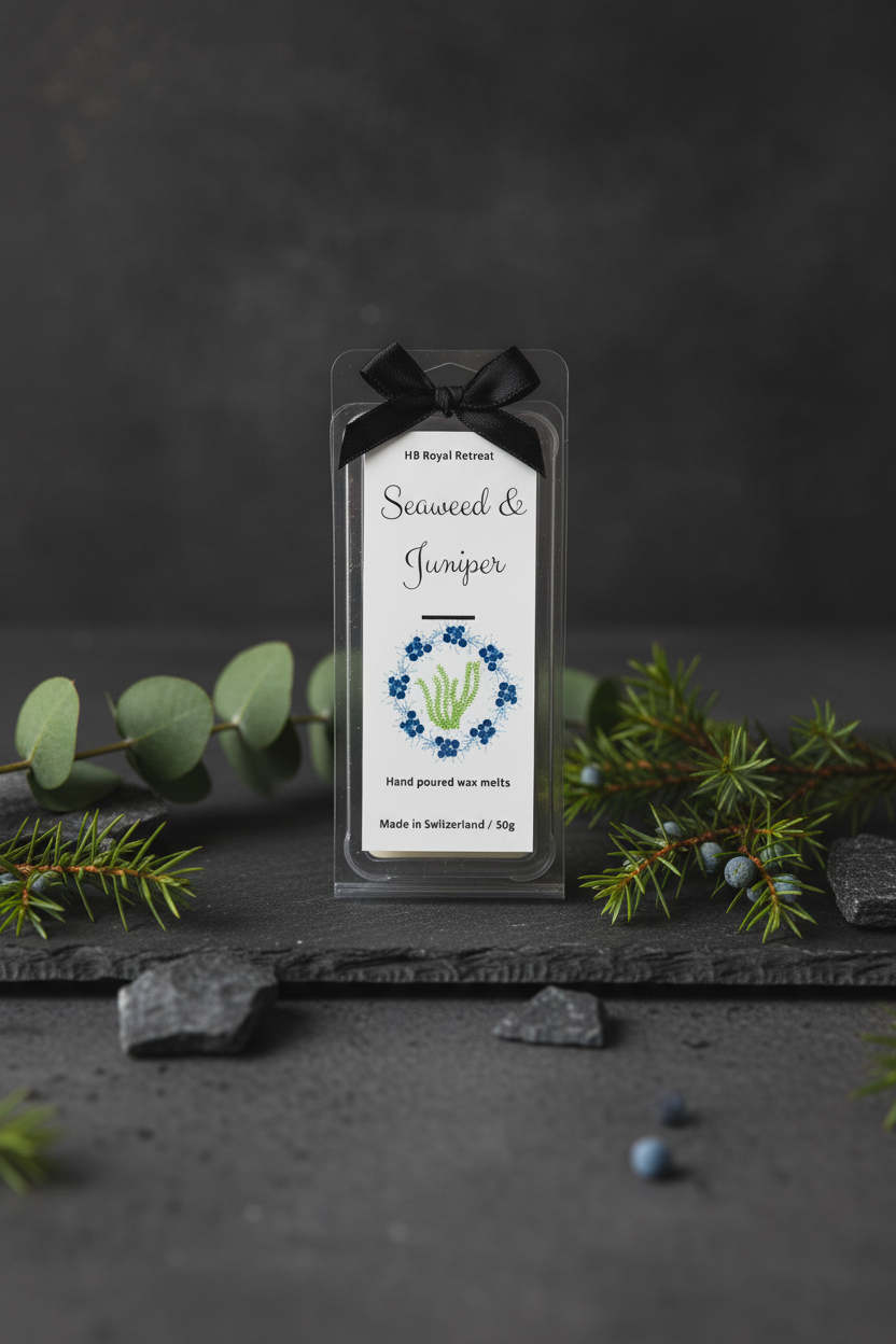 Seaweed & Juniper Wax Melts label - HB Royal Retreat